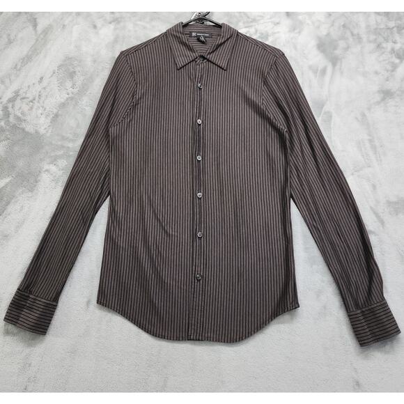 INC Shirt Mens S Brown Black Striped Stretch Slim Fit Button Down Long Sleeves - Picture 1 of 8